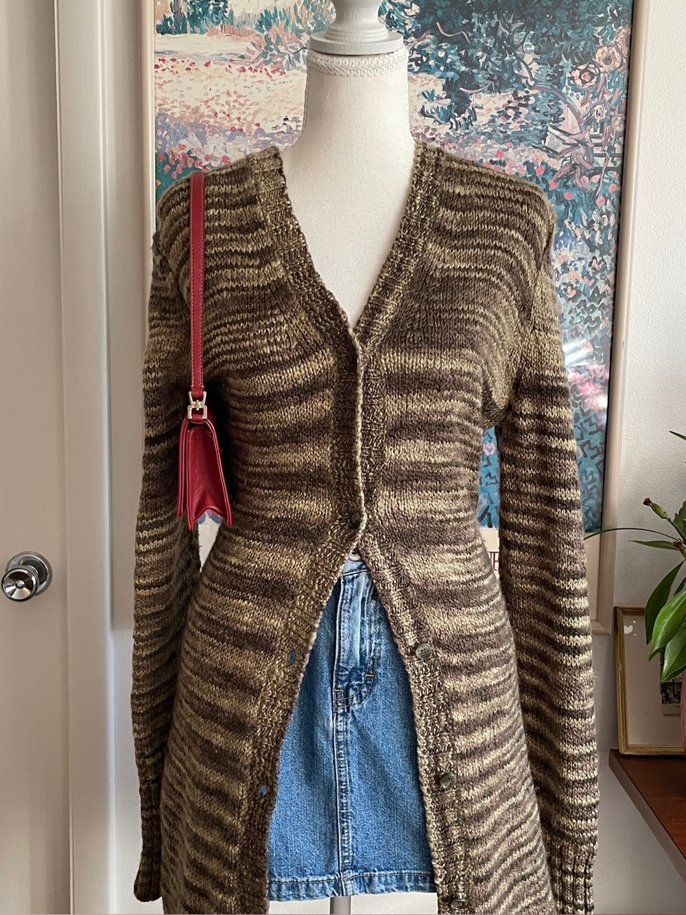 Vintage Duster Cardigan Medium Green Marled Wool Blend Goblincore Granola 90s